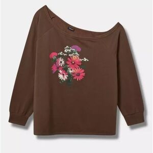 Brown Off-the-Shoulder Sweater with Floral Design